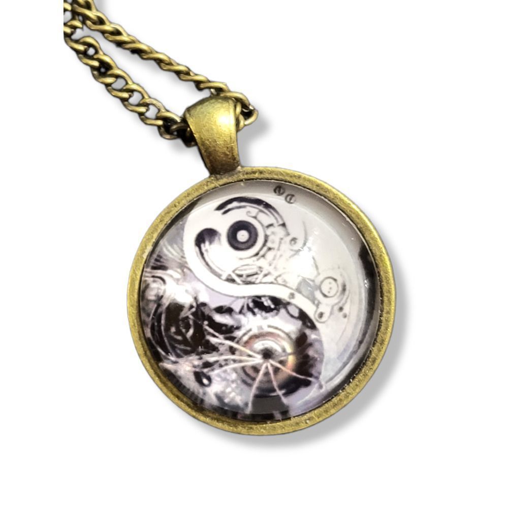 Brass Tone Finish Round Steampunk Yin Yang with magnifying cap Pendant 18"
